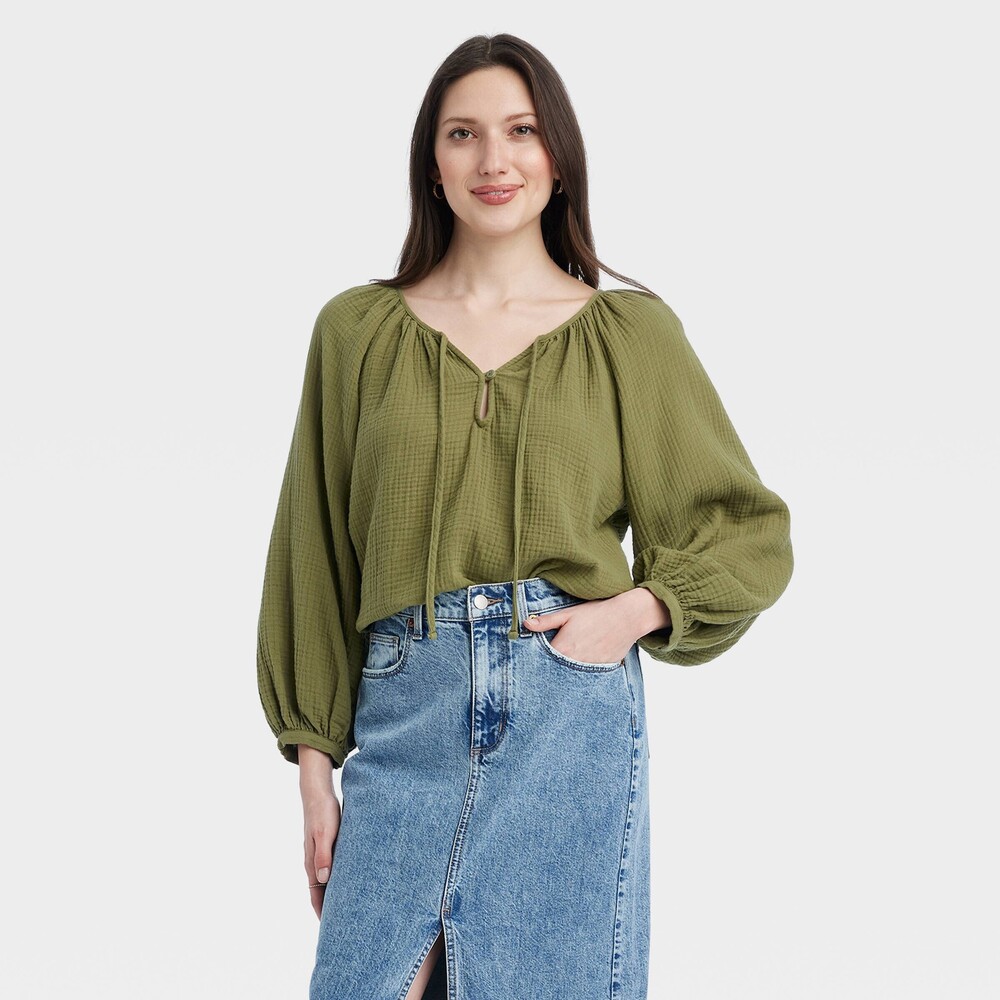 Gauze‎ Cotton Boho Peasant  Blouse Long Sleeve Cottagecore Fairy Medium Green